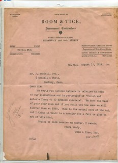 Vintage Letterhead BOOM & TICE AMUSEMENT CONTRACTORS 1914 trained roosters
