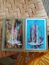 Vtg Congress Playing Cards Sailboat Double Deck  Gold Foil Box
