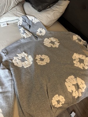 Denim tears Gray Hoodie w/ Pockets Hooded White Floral Graphic Print Men M
