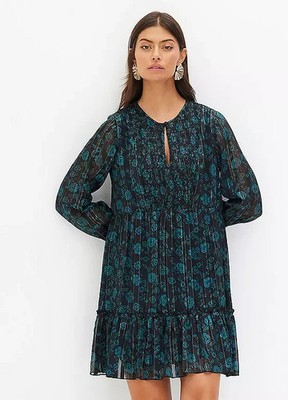 Freemans Schwarzes/Teal Florales Chiffon Mini-Kleid, Runde Ausschnitt