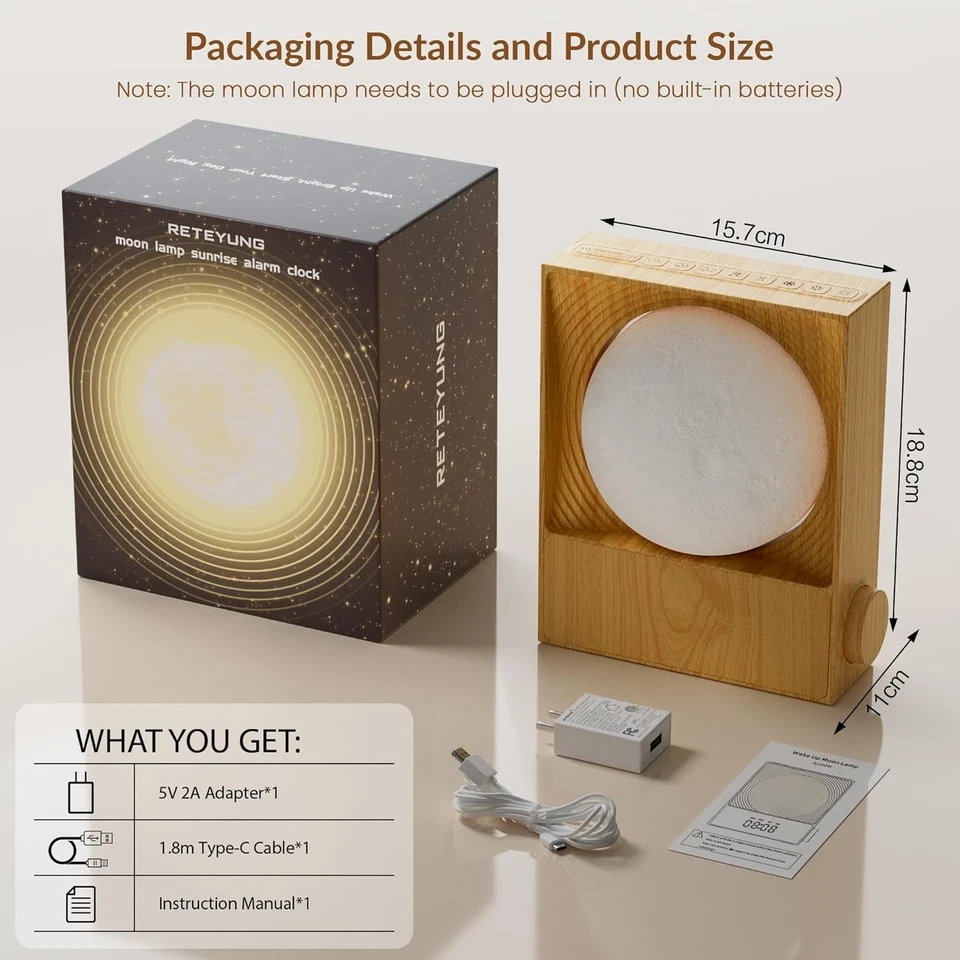 Rotatable Moonlight Sunrise Alarm Clock with Night Lamp, Snooze & Nature Sounds - Image 4 of 4