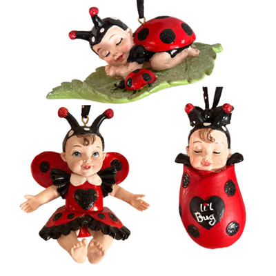Set 3 Baby Ladybug Ornament Kurt Adler Kids Lil Bug Resin Ornament Spring 2.5 In