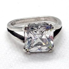 VINTAGE Sterling Silver 925 Solitaire Ring Square White CZ Stone Prong Size 5