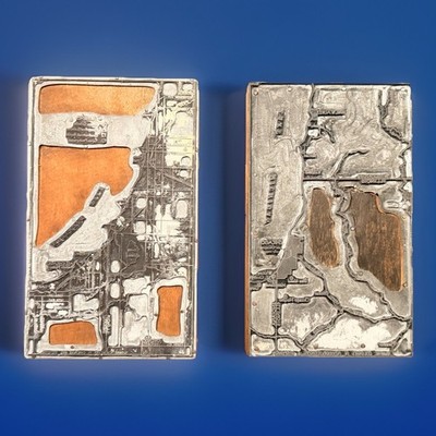 Vintage Slovak Map Printing Blocks Chicago Indiana Illinois Wisconsin Pair