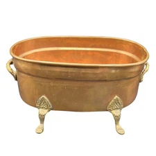 Vintage Foundry Hammered Copper Jardiniere Brass Handles Feet 9"x5" Planter Box
