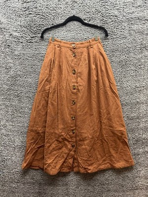 Moussy Rayon-Linen Blend Button-Down Midi A-line Skirt Brown Womens Size 2