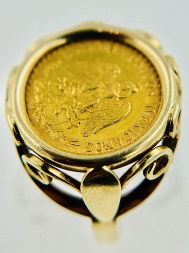 Estate 14K Gold 1945 Dos Pesos Mexican 22K Gold Coin Ring Sz 5