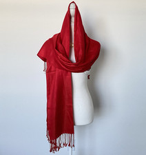 Multifunctional Red Solid Rectangle Scarf Wrap Shawl With Fringe Accent