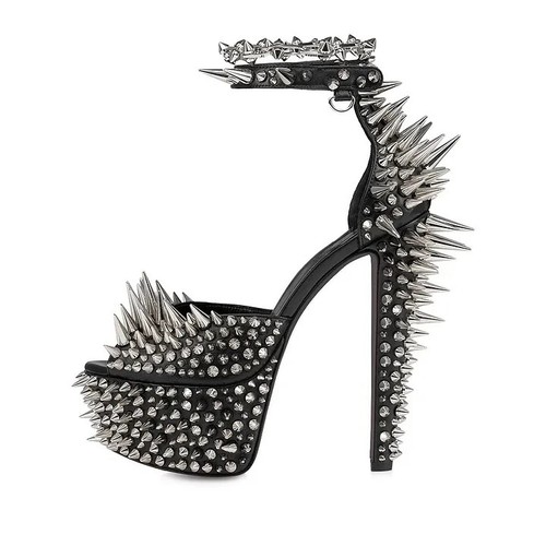 Punk Black Peep Toe Rivet Embellished Chunky Heel Platform Sandals FSJ202510070
