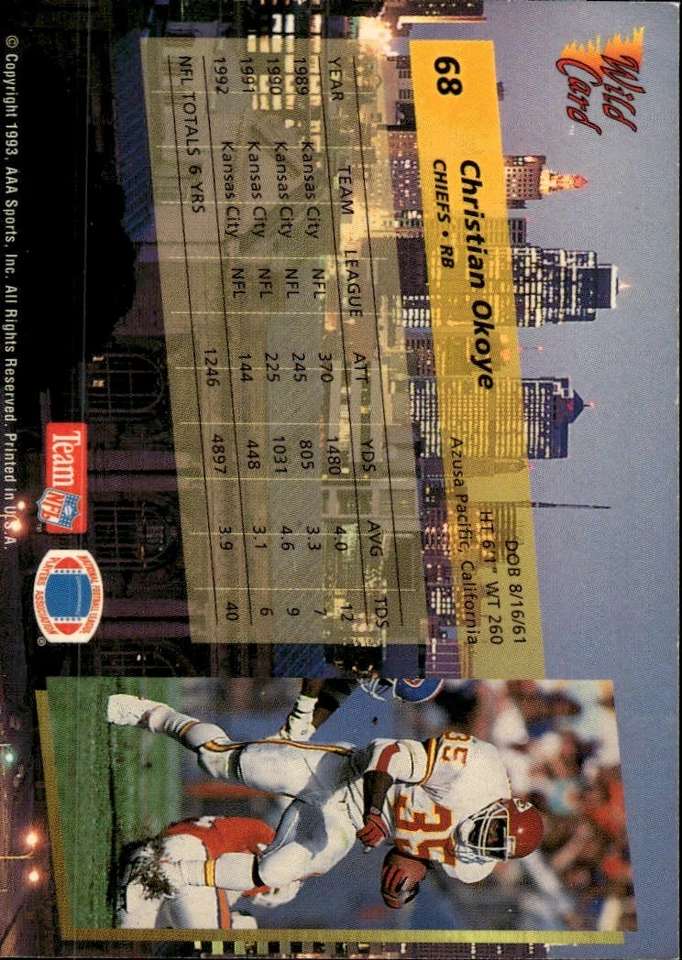 1993 Wild Card #68 Christian Okoye [GOATCARDS] - Image 2 of 2
