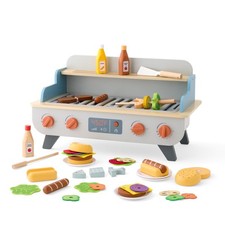 Wooden Tabletop BBQ Grill Playset 51-Piece Pretend Kitchen Toy Set Ages 3