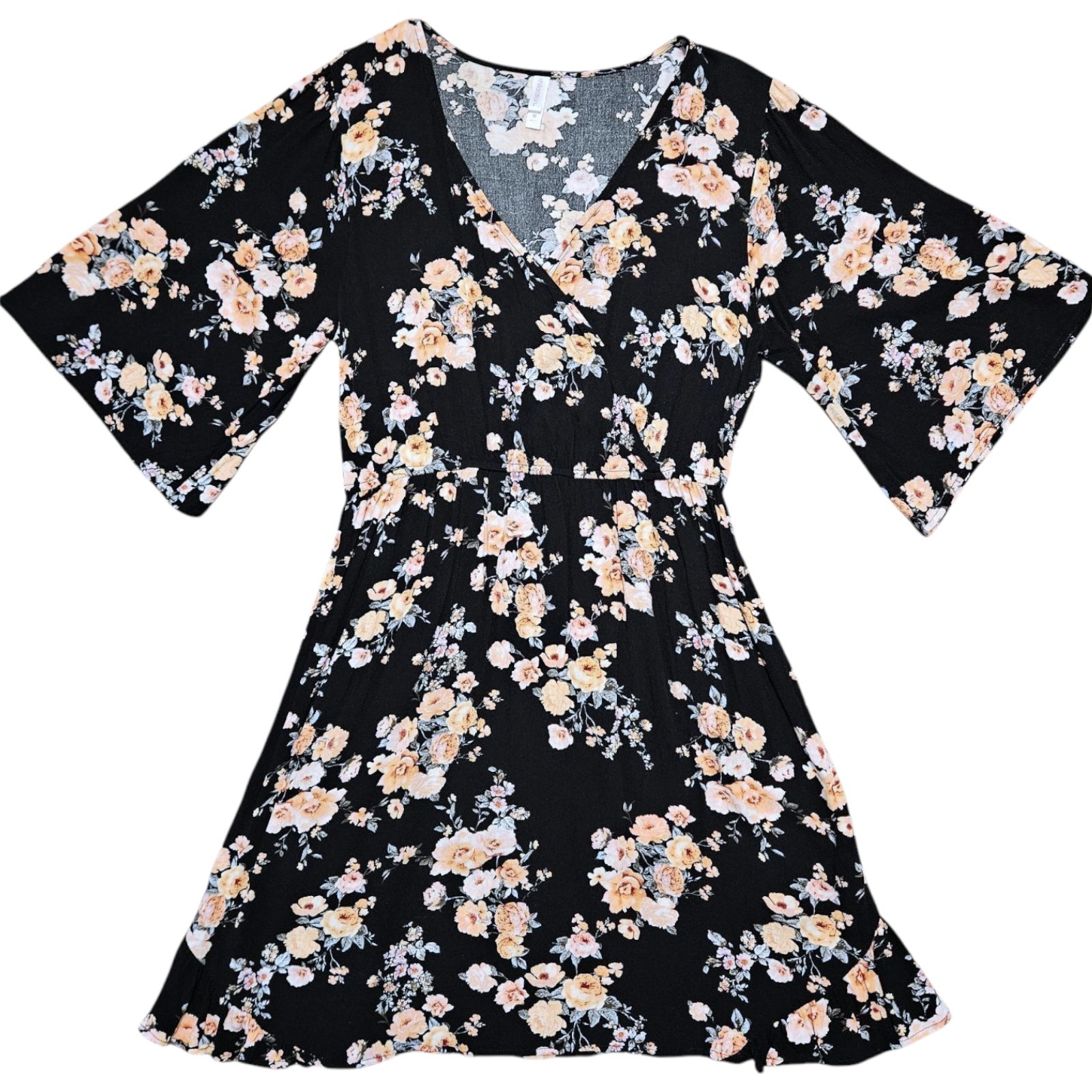 Xhilaration Black Floral Dress Wmns M Boho Chic Bell Sleeve V-Neck