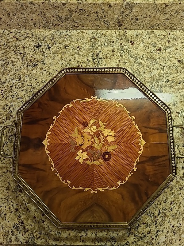 Italian Marquetry Wood Inlaid Octagon Tray Brass Handles Serving Vanity Ornate. 