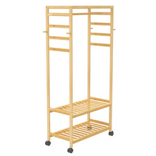 Bamboo Garment Coat Rack Clothes Hanging Rack Organizer with Rolling Wheels