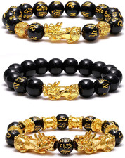 Feng Shui Wealth and Luck Bracelet for Men Women: 3Pcs Set with Pixiu and Black