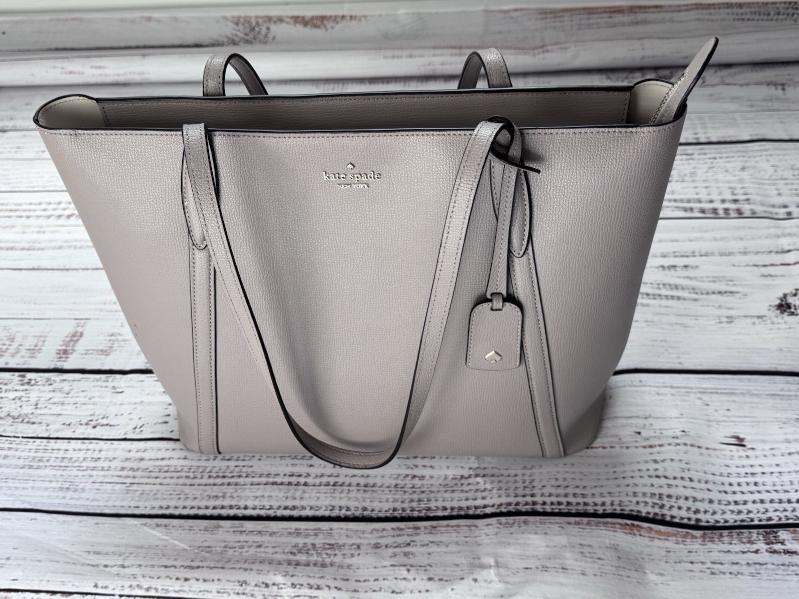 Kate Spade New York Cara Gray Leather Double Handle Tote Bag Warm Taupe