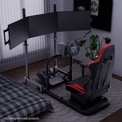 Hottoby Racing Sim Cockpit Round Tube With Red Seat Triple TV Stand Fit Logitech