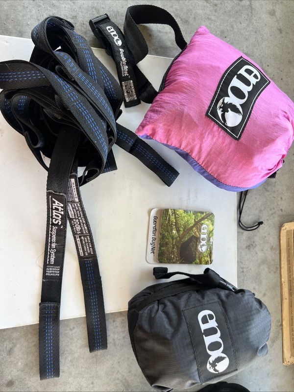 Eno DoubleNest Camping Hammock Atlas System w/ Straps & New ENO Bug Net