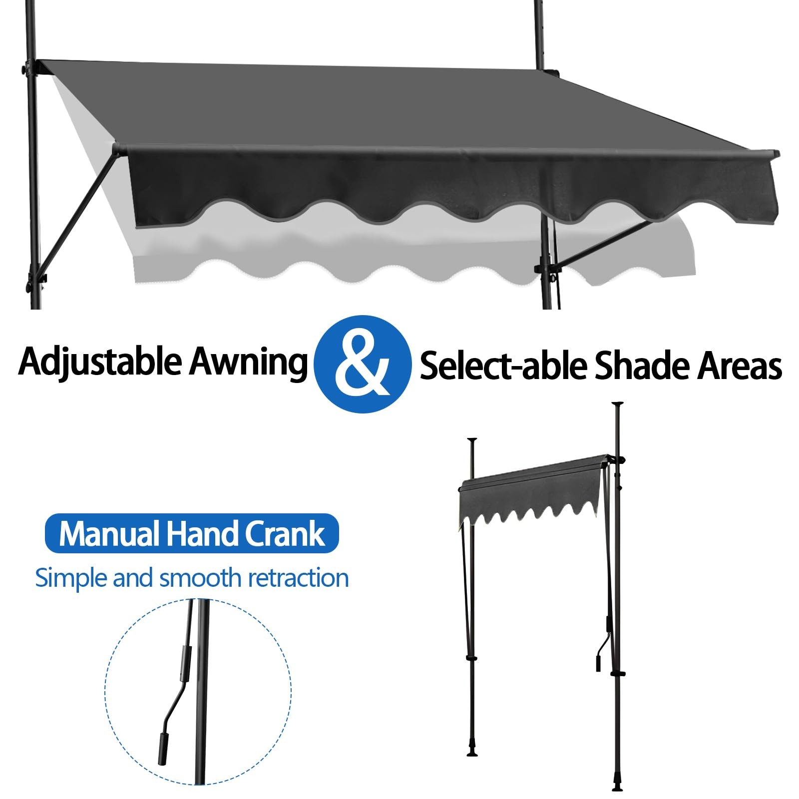 Manual Retractable Awning 118" W x 118" H,Side Bar 45in Patio Awning 