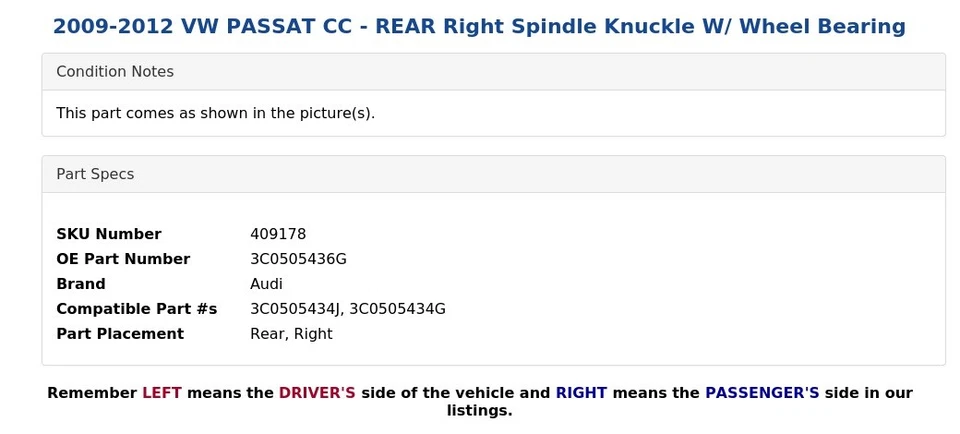 VW PASSAT CC 2009-2012 - Nudillo trasero derecho con cojinete de rueda Foto 3 de 4