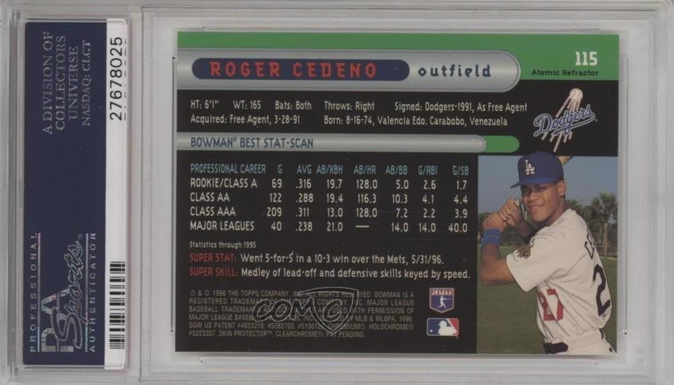 1996 Bowman's Best Atomic Refractor Roger Cedeno #115 PSA 10 GEM ESTADO PERFEITO - Imagem 2 de 2