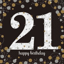 21st Birthday Napkins Age 21 Party Paper Napkins Black Gold Silver x 16