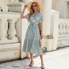 V Neck Short Sleeve Lace Ruffle Hem Dress Hollow Patchwork Summer Holiday Dress