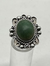 Vintage Mexican Sterling Silver Ring With Oval Green Stone - Adjustable