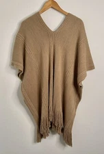 Charlie Paige Women's Beige Metallic Gold Thread Soft Knit Fringe Edge Poncho