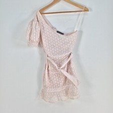 PRETTYLITTLETHING Womens mini dress size 8 pink broderie one shoulder 056985