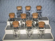 9 Vintage Clear Glass Spice Jars w Cork Cover Botanical Replacements 4 1/2" Tall