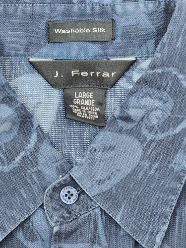 J. Ferrar Mens L 100% Washable Silk Short Sleeve Button Up Blue Floral Shirt - Picture 6 of 6