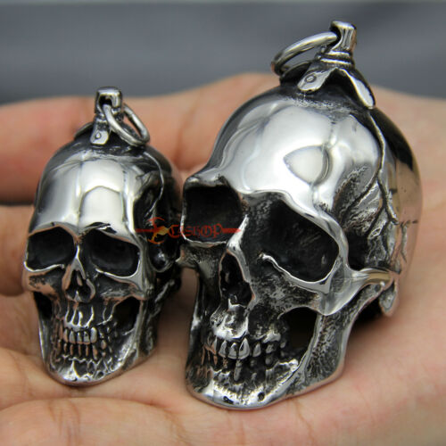 Men's Huge & Heavy Stainless Steel Skull Necklace Pendant Retro Silver Charm - Picture 1 of 30