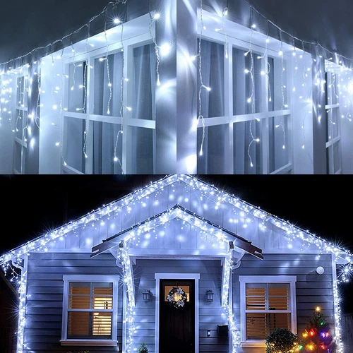 Icicle String Lights 96 LED 8 Modes Waterproof Icicle Christmas Lights Outdoor - Picture 1 of 18