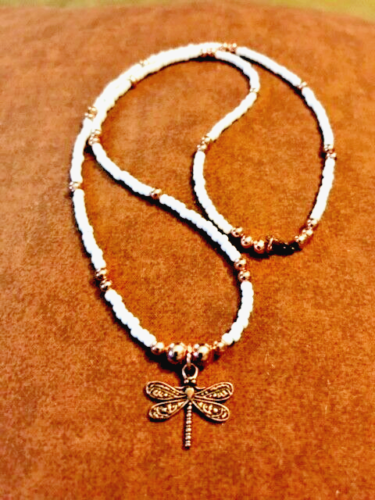 Dragonfly Seed Bead Necklace with Rose gold beads . 22.5" long Necklace. - Picture 1 of 2