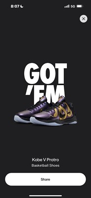 Kobe V Proto  Year Of The Mamba  Eggplant Size 7.5 (Will Ship When Delivered)