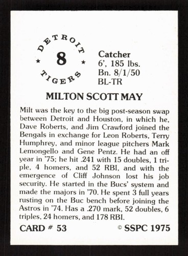 1975 SSPC Set-Break #53 Milt May Detroit Tigers - Picture 2 of 2