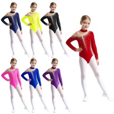 Kids Girls Leotard Sports Bodysuit Mesh Patchwork Jumpsuit Rhinestones Unitard