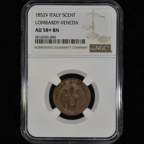 1852 ITALY 5 CENTESIMI ✪ NGC AU-58+ ✪ LOMBARDY-VENETIA VENICE 5C PLUS ◢TRUSTED◣