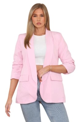 Gefütterter Damenblazer mit gerafften Ärmeln lässig formell Mädchen Kragen Jacke 8-18