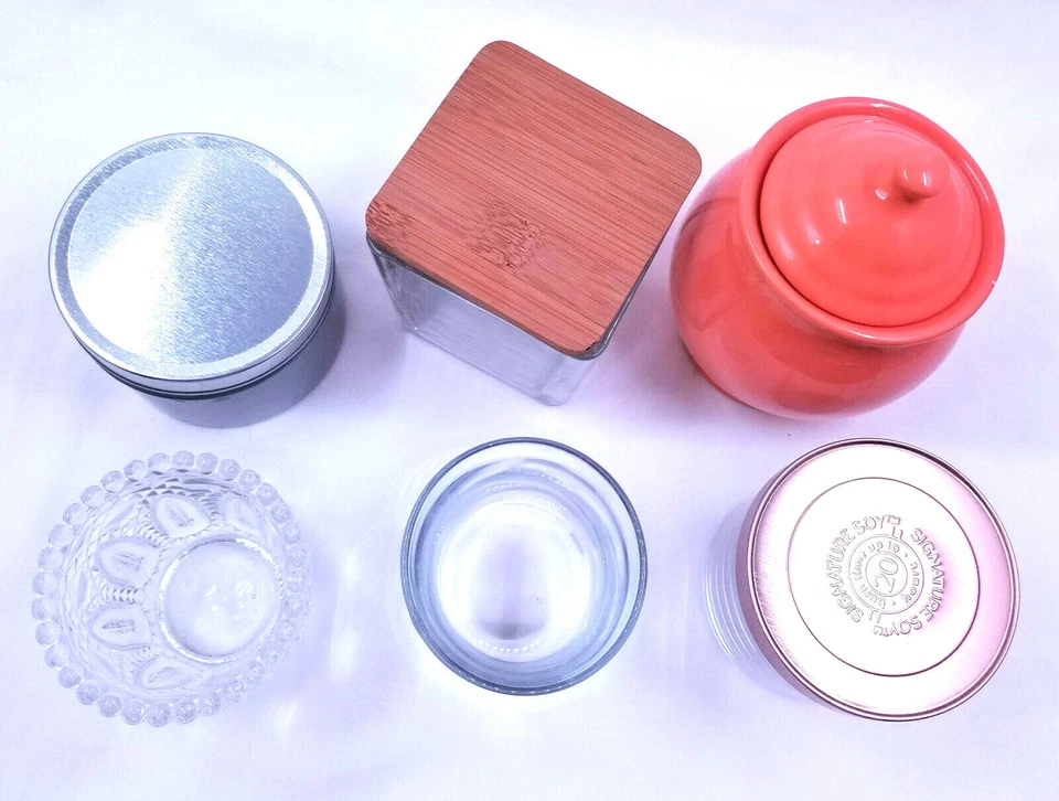 6 Unique Candle Project Jars: Glass, Metal, Ceramic & Lids, Signature Woodwick - Image 2 of 4