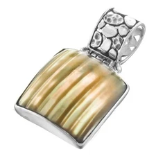 Gold Square Natural Mother Of Pearl Turbo Shell Sterling Silver Pendant, 13/16"