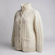 Vintage Sears ivory cable-knit chunky fisherman cardigan sweater high neck M