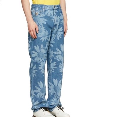 Marc Jacobs Blue Floral Straight Denim Jeans, 5-Pocket, Zip Button, Logo