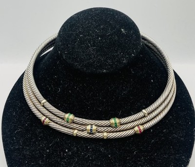 David Yurman Sterling Silver & 14k Gold Ruby Emerald Sapph Cable Collar Necklace