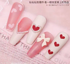 Press-On Nails 3D Long Coffin Full Cover Pink White Red Heart Bow Set