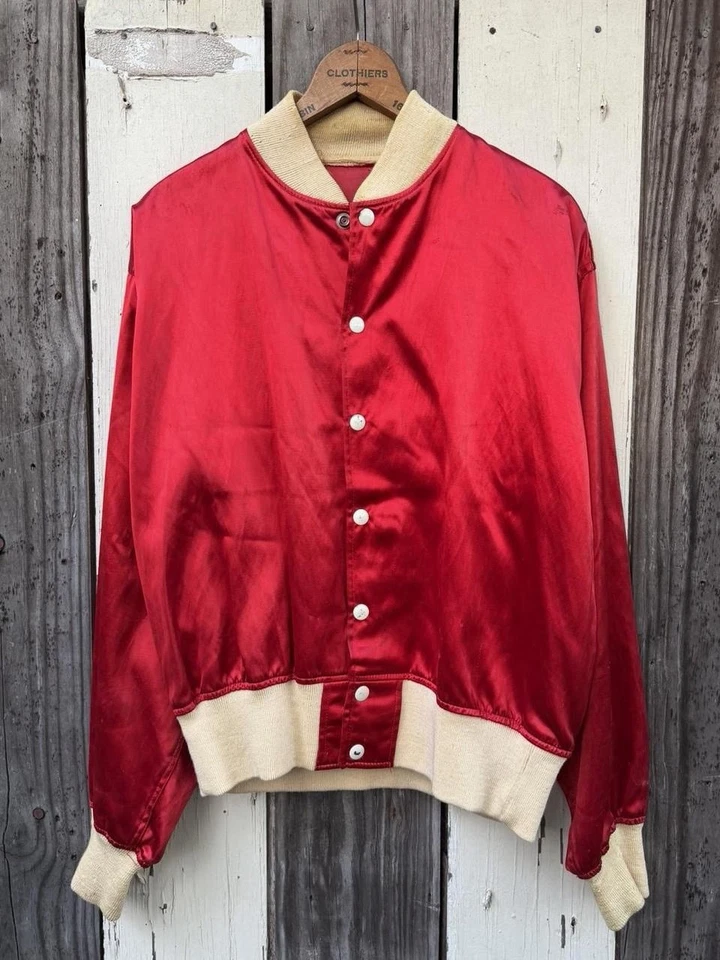 Vintage 40s 50s Military Satin Silk Bomber 46 Red Large Army Jacket Felt Letters - Image 4 of 4