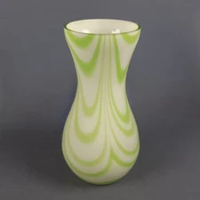 Carlo Moretti Murano Glass Vase Opaline White Green Scalloped Design 1970