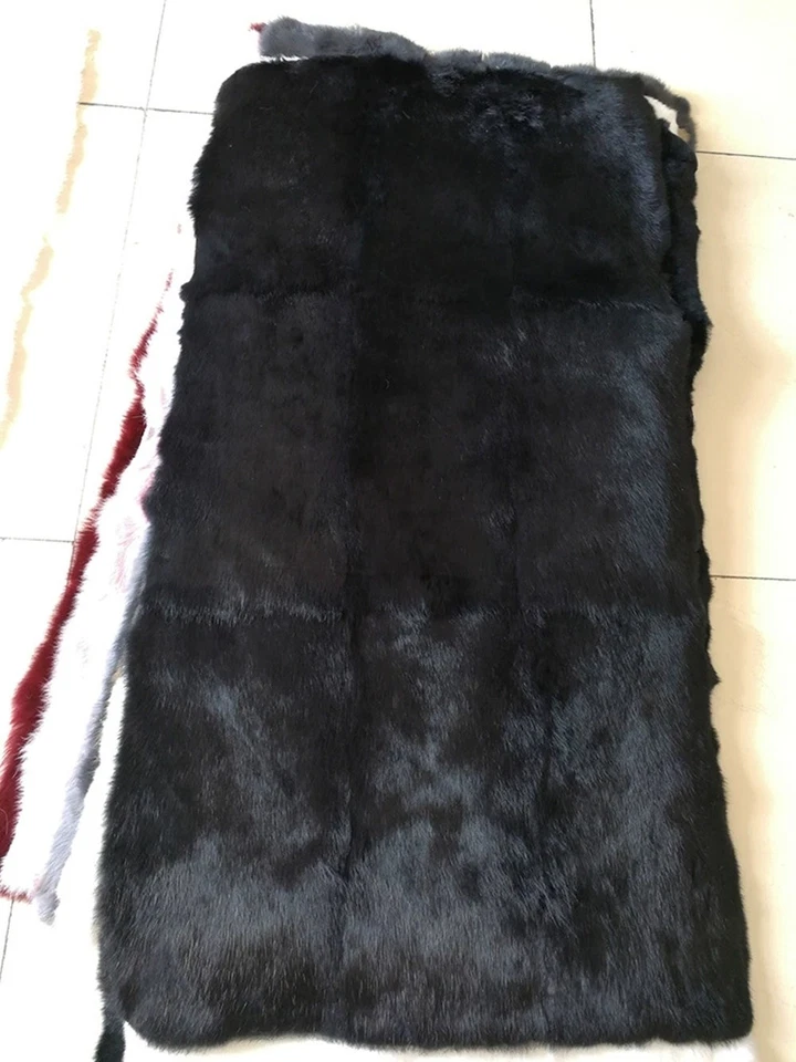 1PC Luxury Real Rabbit Fur Throw Blanket Patchwork Skin Rug 22x44" Leather Black - Image 3 of 4