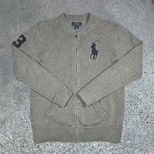 Y2K Polo Ralph Lauren Cardigan Boys X Large 18-20 Gray Full Zip Big Pony 3 Logo